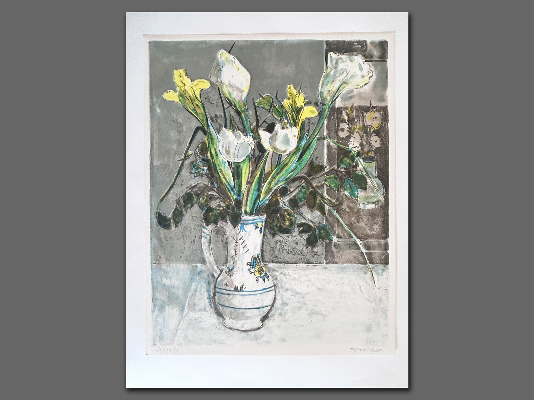 Lithographie Nature morte aux arums 142/200 de Roger Forissier : Lithographie signée par l'artiste au crayon, dans le coin inférieur droit