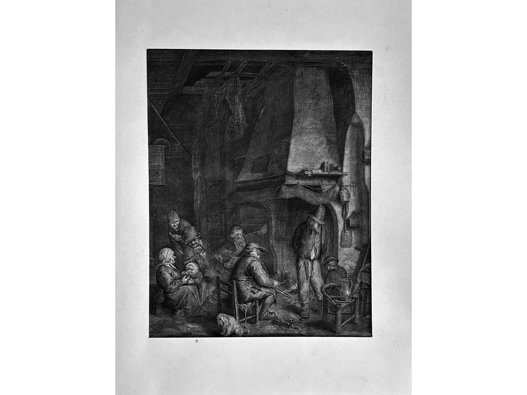 Gravure XIXe : Scène d'intérieur au coin du feu : La gravure est un format portrait haute de 45 cm pour 36.5 cm de largeur