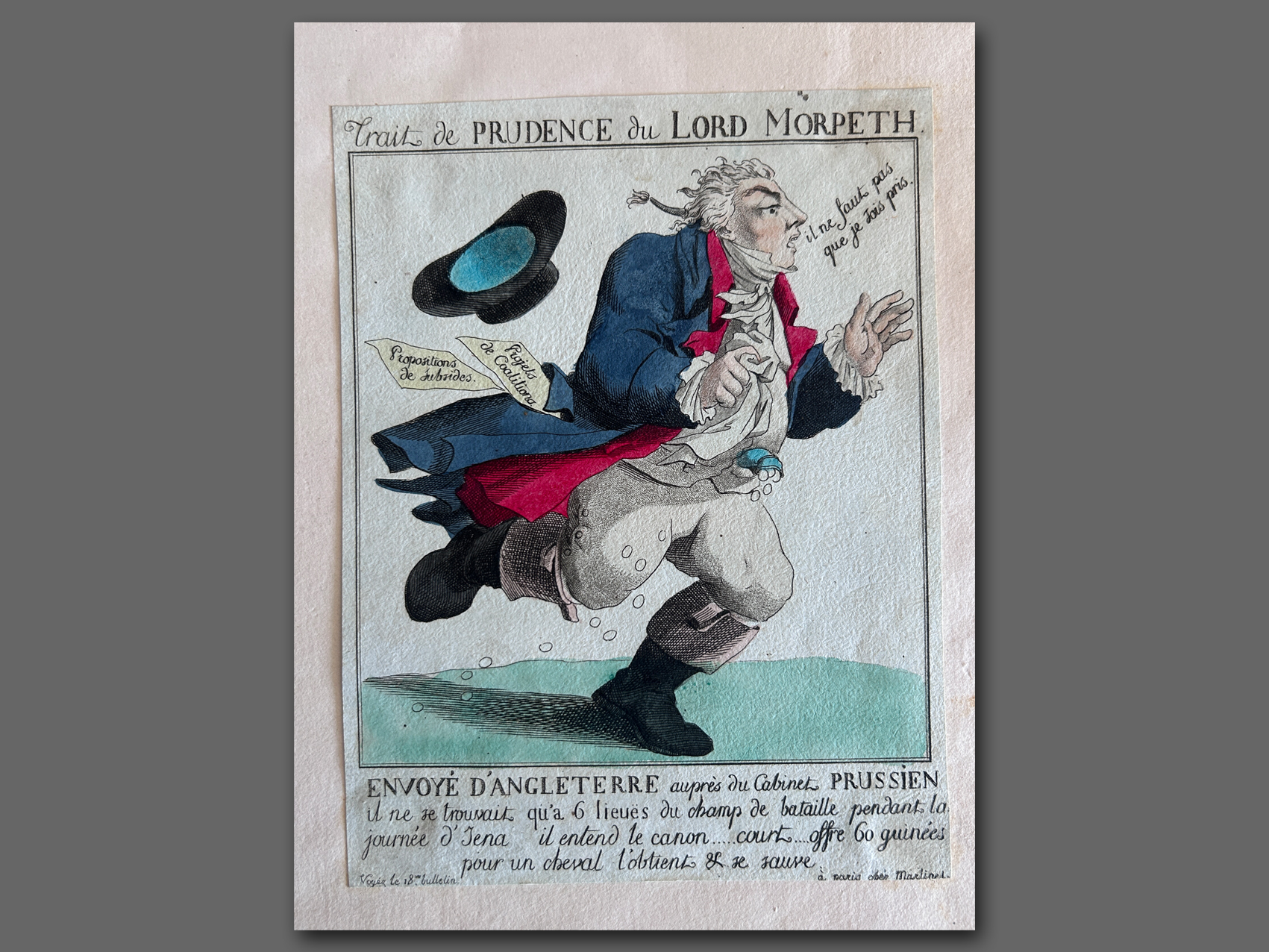 Trait de prudence du Lord Morpeth Eau-forte coloriée 1806 : L'estampe a été malheureusement découpée et colée sur un papier afin d'être insérée dans passe-partout